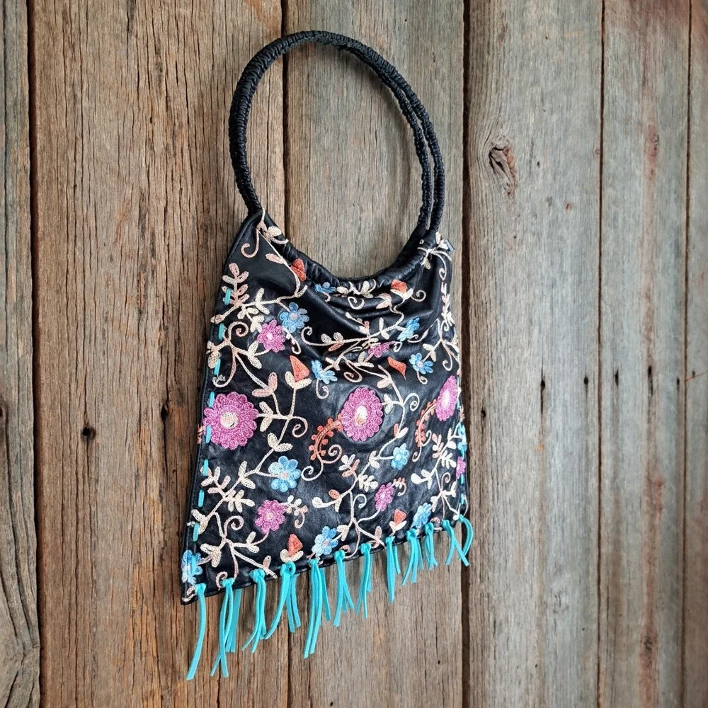 Whimsigoth Cottage Folk Art Embroidered Circle Handle Leather Fringe Bag S Leal